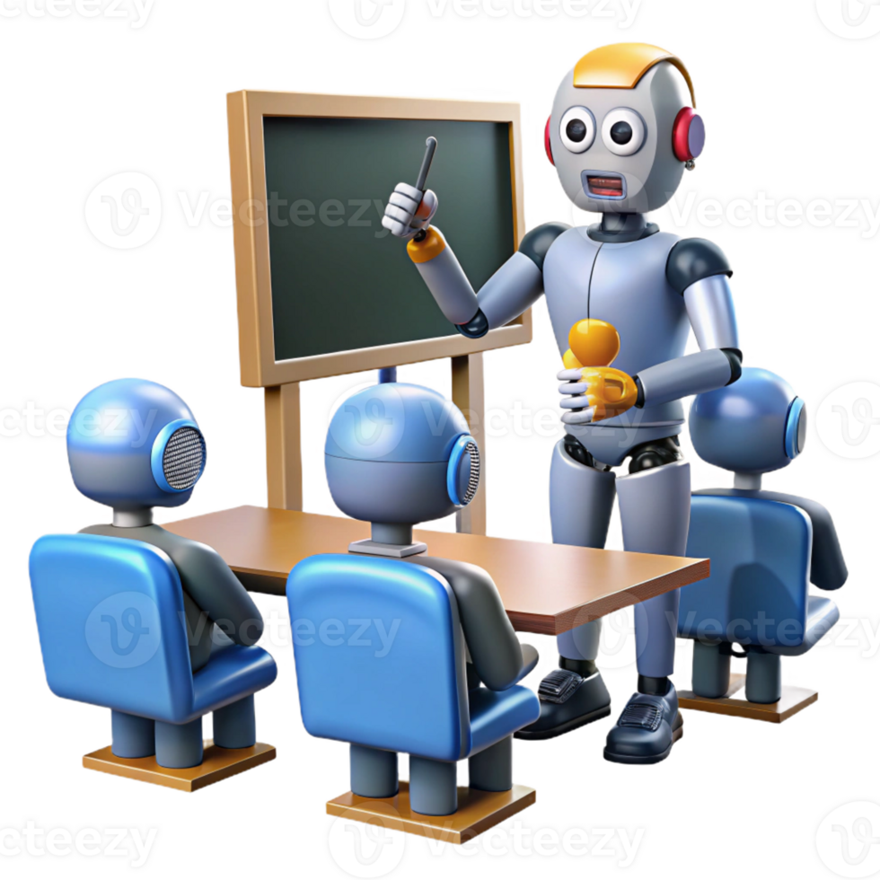 stunning creative A robot teacher instructing students in a virtual classroom, illuminated by screen light, in an educational style original png
