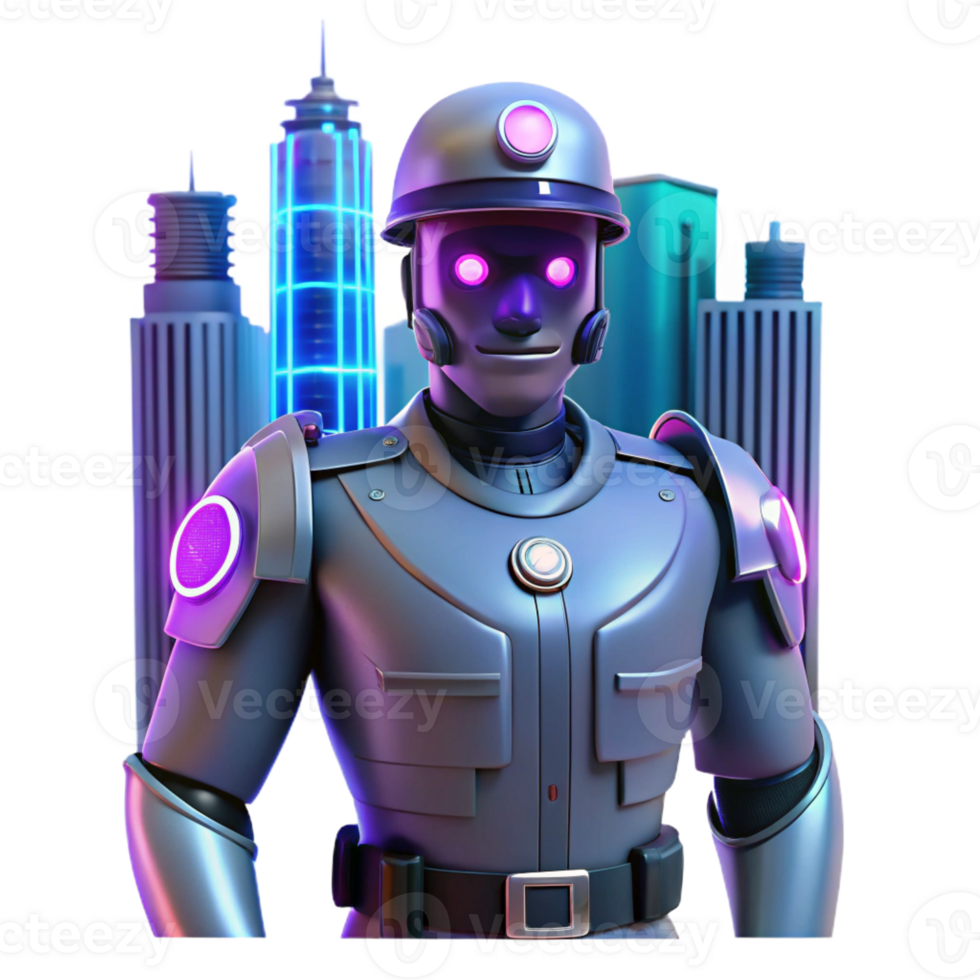 serene creative A robot security guard patrolling a futuristic city, illuminated by neon lights, in a cyberpunk style authentic png