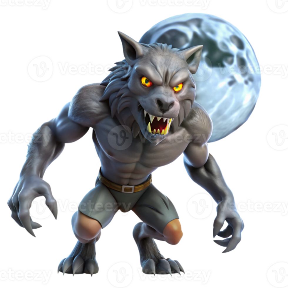 elegant minimalist A fearsome werewolf with glowing eyes and sharp claws, transforming under the light of a full moon. Horror fantasy style detailed png