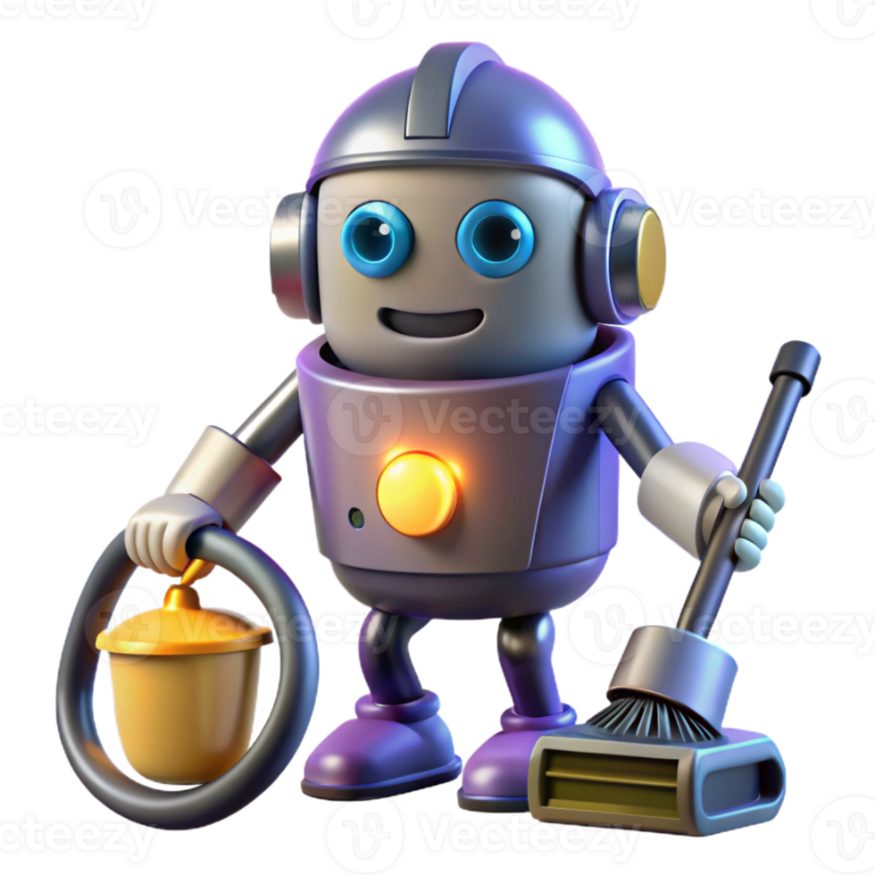 magnificent artistic A robot cleaner tidying up a messy room, illuminated by domestic lighting, in a humorous style genuine png