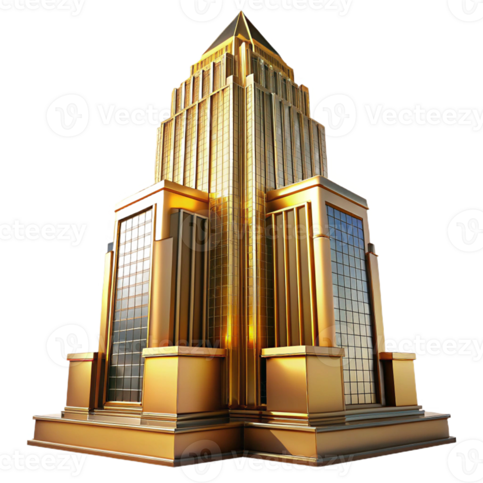 elegant minimalist Art Deco skyscraper, intricate geometric facade, chrome accents, golden hour sunlight, highly polished surfaces, ray tracing, 8k, exclusive png