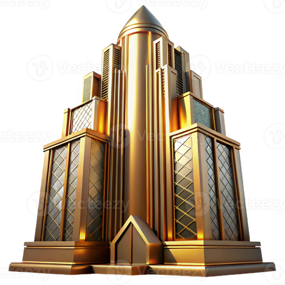 magnificent abstract Art Deco skyscraper, intricate geometric facade, chrome accents, golden hour sunlight, highly polished surfaces, ray tracing, 8k, authentic png