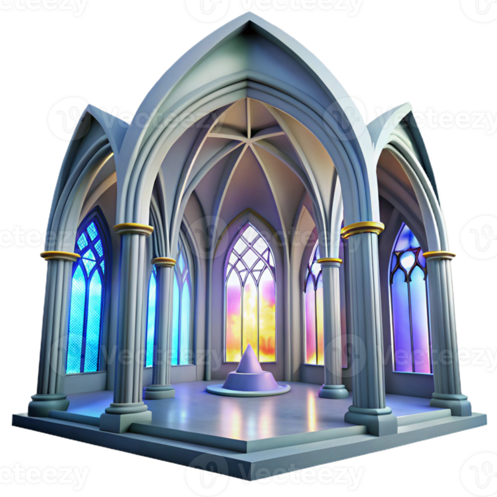 beautiful rustic Gothic cathedral interior, stained glass windows depicting abstract shapes, volumetric lighting, ethereal atmosphere, hyperrealistic, photorealistic, professional png