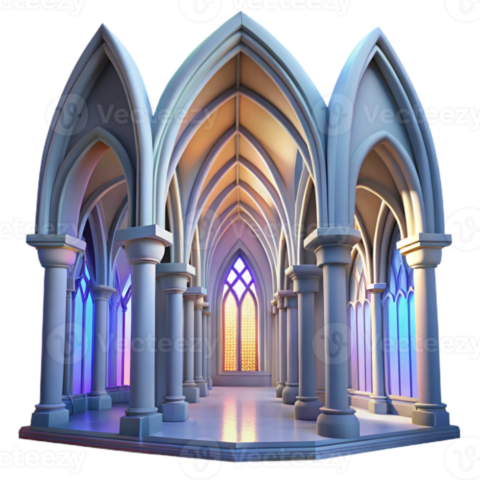 stunning contemporary Gothic cathedral interior, stained glass windows depicting abstract shapes, volumetric lighting, ethereal atmosphere, hyperrealistic, photorealistic, high resolution png