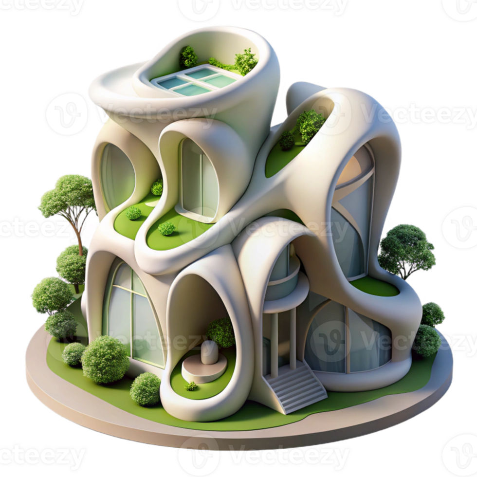 vibrant minimalist Biomorphic residential complex, flowing organic forms, lush greenery integrated into the structure, soft diffused lighting, dreamlike, art nouveau inspired, premium png