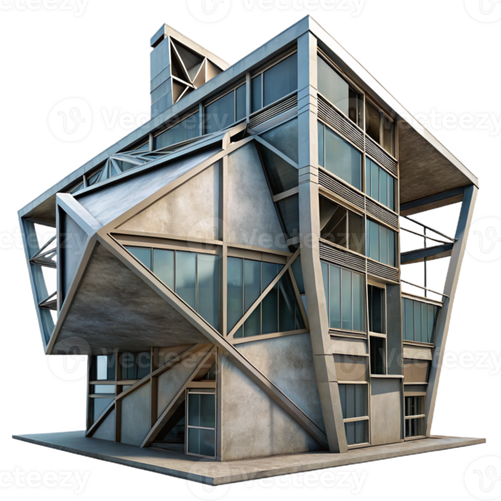 beautiful creative Deconstructivist office building, sharp angles, intersecting planes, concrete and steel materials, overcast sky, gritty and industrial, 4k, detailed png