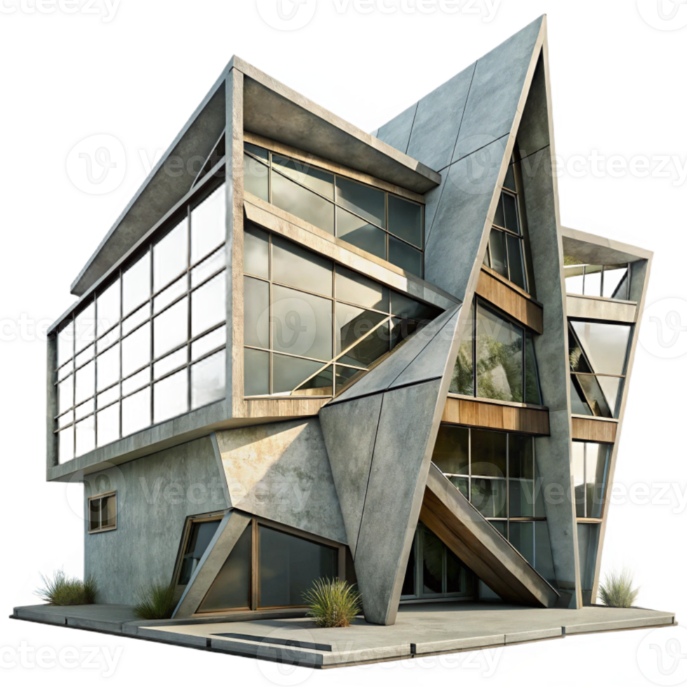 wonderful modern Deconstructivist office building, sharp angles, intersecting planes, concrete and steel materials, overcast sky, gritty and industrial, 4k, authentic png