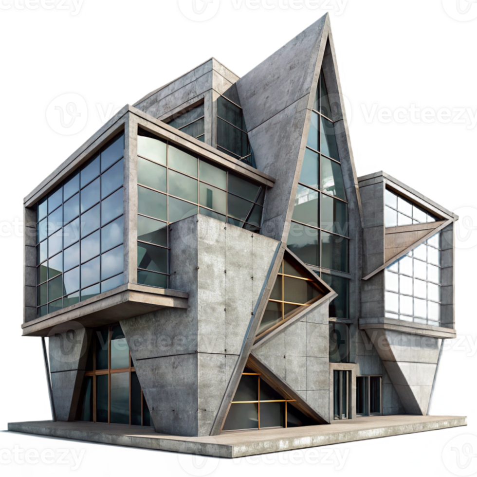 stunning contemporary Deconstructivist office building, sharp angles, intersecting planes, concrete and steel materials, overcast sky, gritty and industrial, 4k, high quality png