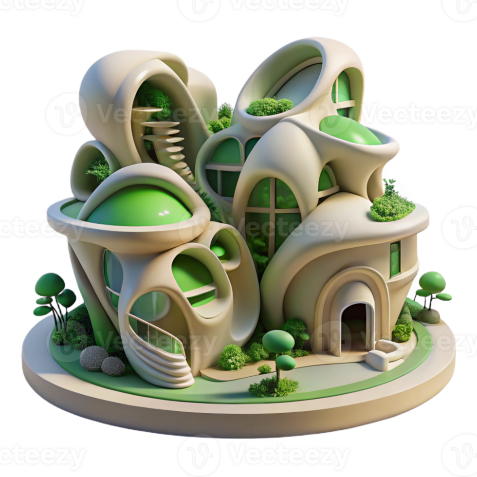 wonderful abstract Biomorphic residential complex, flowing organic forms, lush greenery integrated into the structure, soft diffused lighting, dreamlike, art nouveau inspired, exclusive png