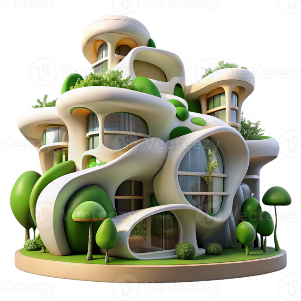 dramatic classic Biomorphic residential complex, flowing organic forms, lush greenery integrated into the structure, soft diffused lighting, dreamlike, art nouveau inspired, authentic png