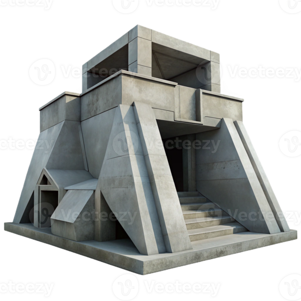 magnificent artistic Brutalist concrete bunker, massive geometric forms, minimal details, harsh shadows, cold and stark, high contrast, authentic png
