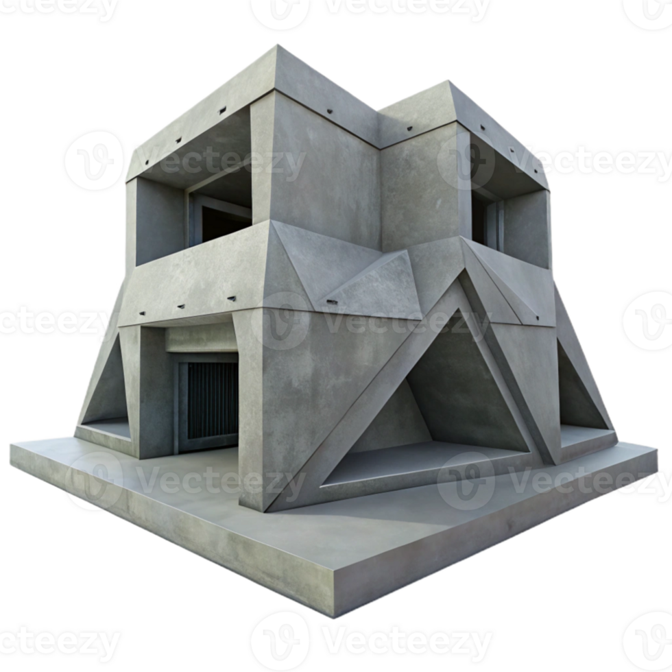 extraordinary artistic Brutalist concrete bunker, massive geometric forms, minimal details, harsh shadows, cold and stark, high contrast, professional png
