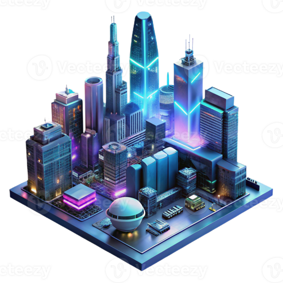wonderful modern Cyberpunk cityscape, towering neon-lit skyscrapers, flying vehicles, holographic advertisements, rainy night, cinematic lighting, authentic png