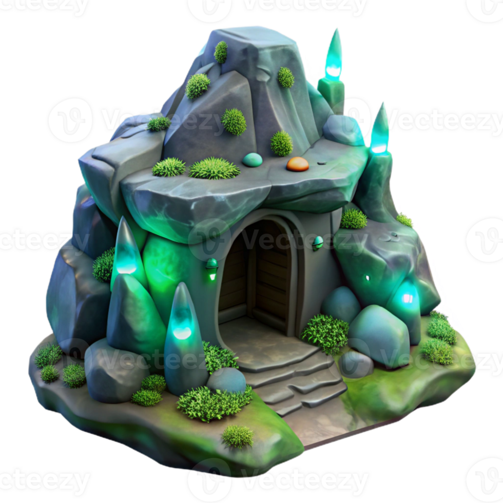 wonderful vintage Subterranean dwelling carved into rock, glowing bioluminescent moss, mystical atmosphere, soft ambient lighting, fantasy style, exclusive png