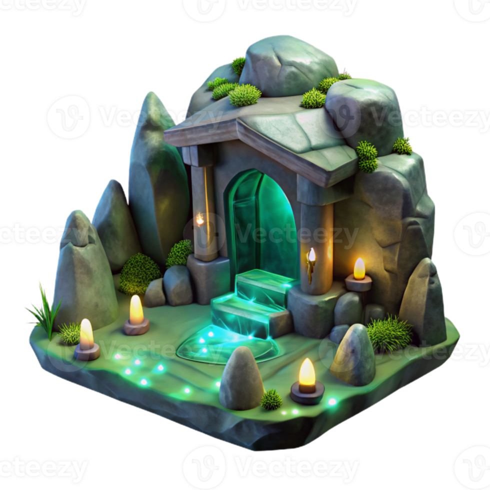 wonderful contemporary Subterranean dwelling carved into rock, glowing bioluminescent moss, mystical atmosphere, soft ambient lighting, fantasy style, high resolution png