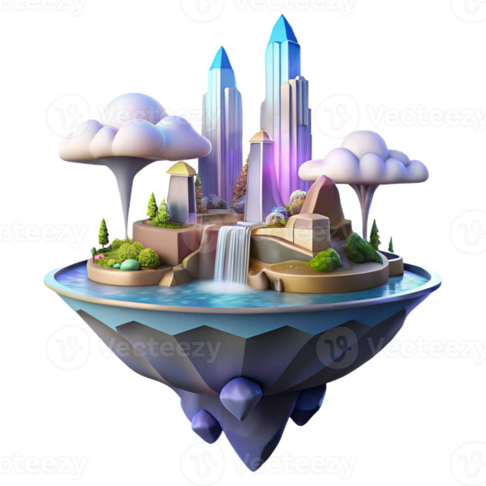 stunning vintage Floating island city, futuristic architecture, waterfalls cascading down the sides, vibrant colors, sunbeams piercing through the clouds, digital art, professional png