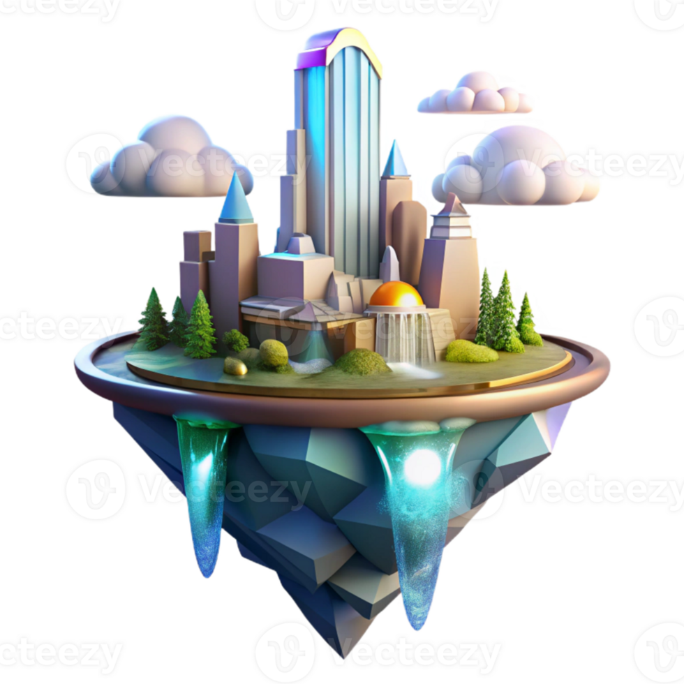 dramatic traditional Floating island city, futuristic architecture, waterfalls cascading down the sides, vibrant colors, sunbeams piercing through the clouds, digital art, high resolution png