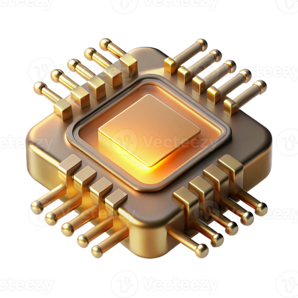 elegant modern A close-up of a microchip revealing intricate circuitry, golden light highlighting its complexity, technical illustration style authentic png