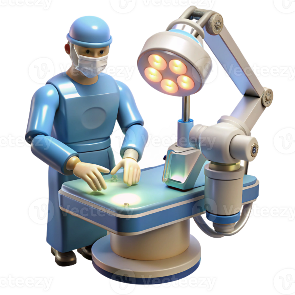 beautiful contemporary A robotic surgeon performing a delicate operation, illuminated by surgical lights, hyperrealistic style premium png