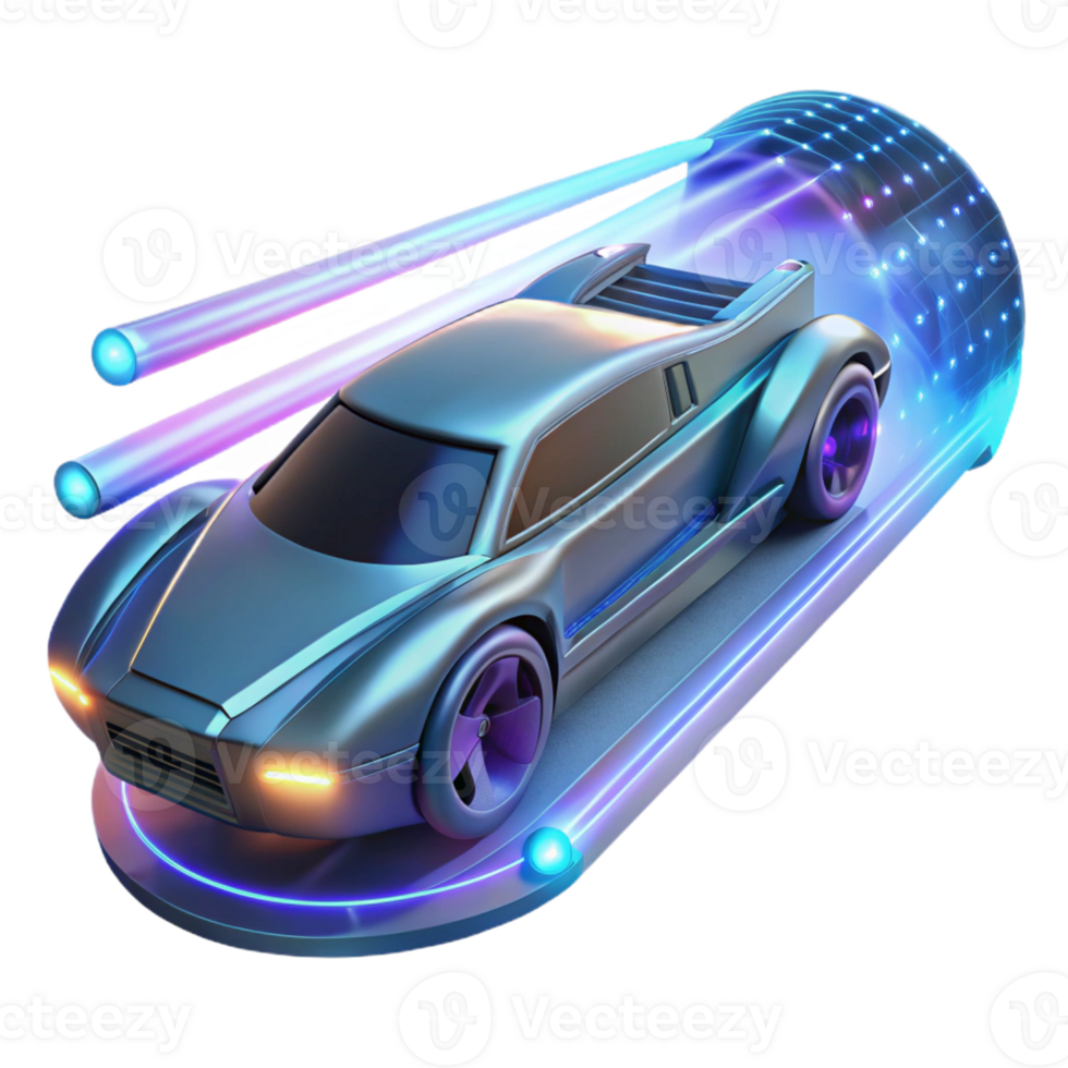 impressive minimalist A futuristic vehicle speeding through a digital landscape, trails of light marking its path, dynamic lighting, cyberpunk style premium png