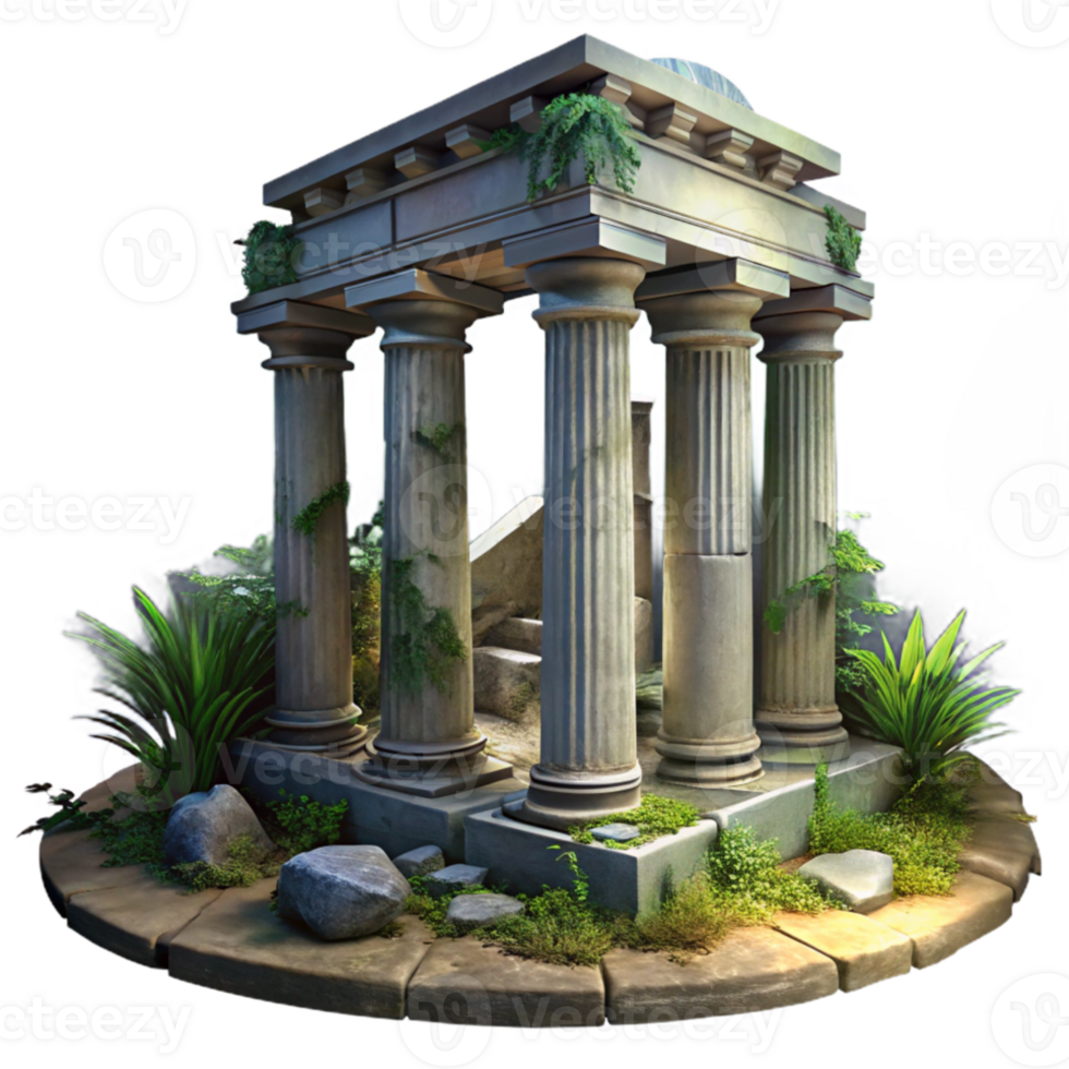 elegant classic Ruined ancient temple overgrown with vegetation, crumbling stone columns, soft moonlight, mysterious and evocative, photorealistic, premium png