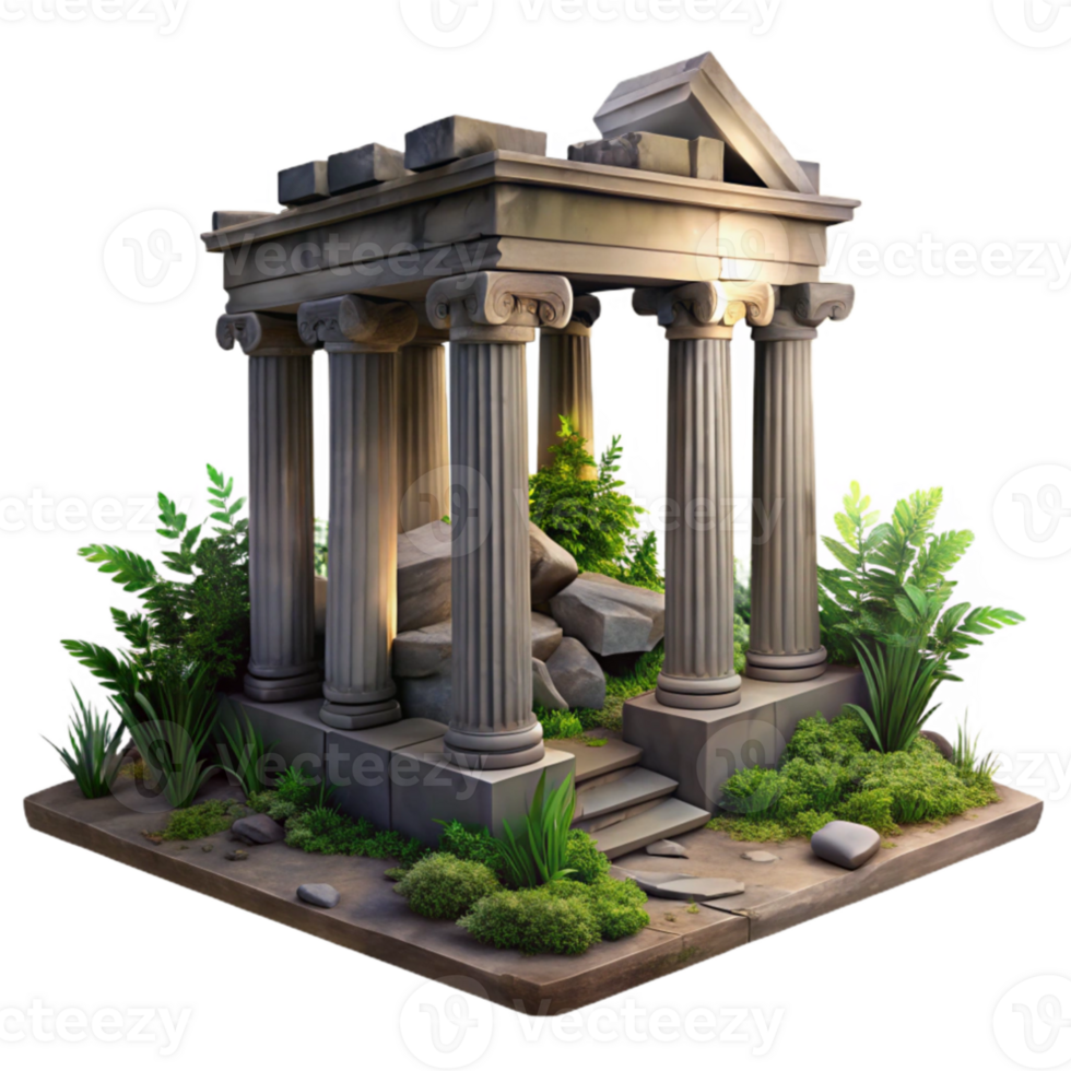 vibrant vintage Ruined ancient temple overgrown with vegetation, crumbling stone columns, soft moonlight, mysterious and evocative, photorealistic, high resolution png