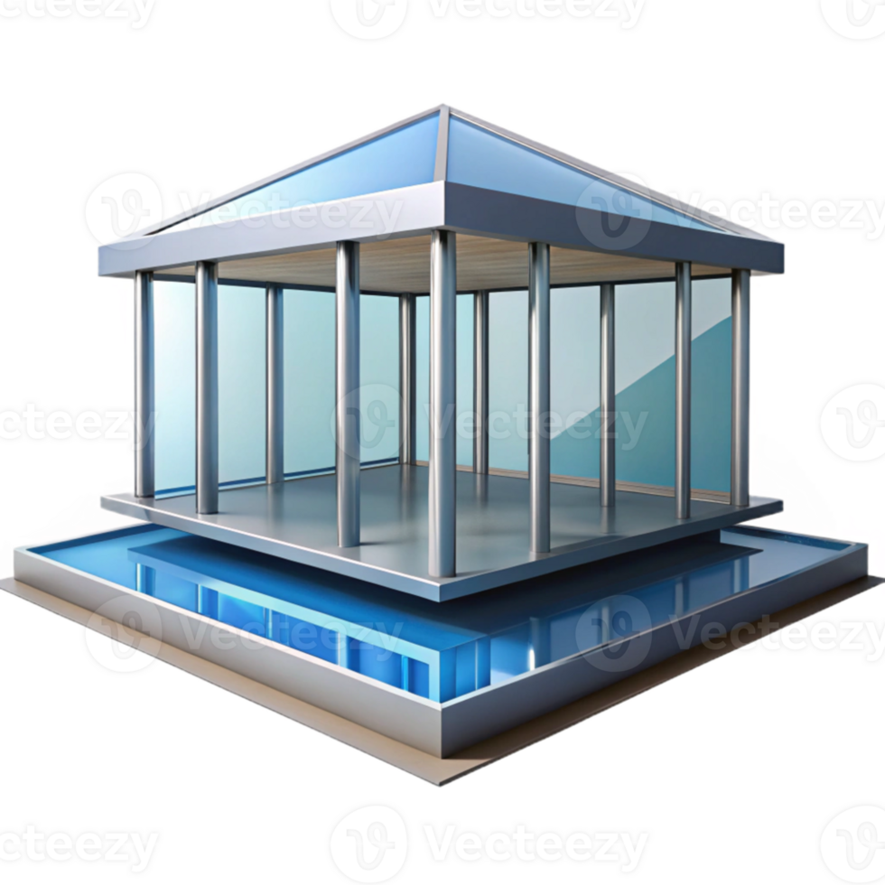 beautiful rustic Modernist glass and steel pavilion, minimalist design, reflecting pool, clear blue sky, sharp lines and geometric shapes, architectural photography, authentic png