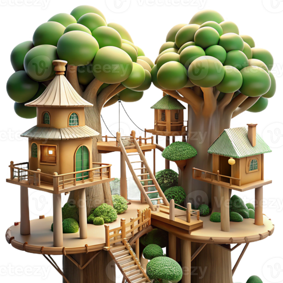 impressive rustic Treehouse village interconnected by rope bridges, intricate wooden structures, dappled sunlight filtering through the leaves, whimsical, Ghibli-inspired, detailed png