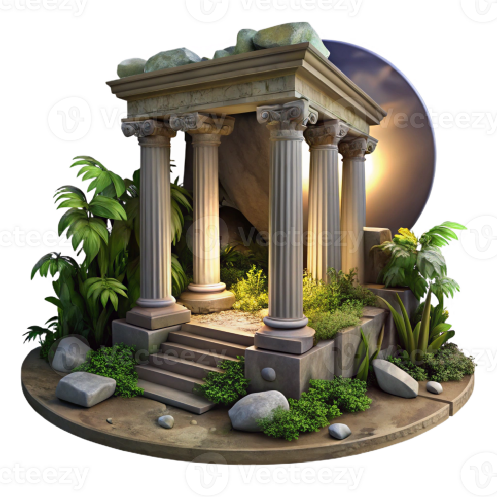 beautiful contemporary Ruined ancient temple overgrown with vegetation, crumbling stone columns, soft moonlight, mysterious and evocative, photorealistic, premium png