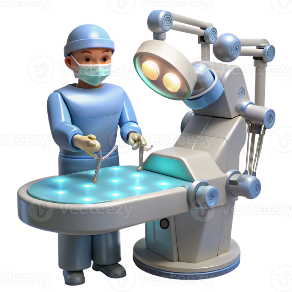 dramatic vintage A robotic surgeon performing a delicate operation, illuminated by surgical lights, hyperrealistic style professional png