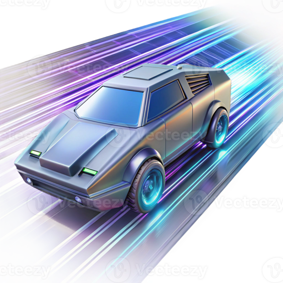 beautiful creative A futuristic vehicle speeding through a digital landscape, trails of light marking its path, dynamic lighting, cyberpunk style high resolution png