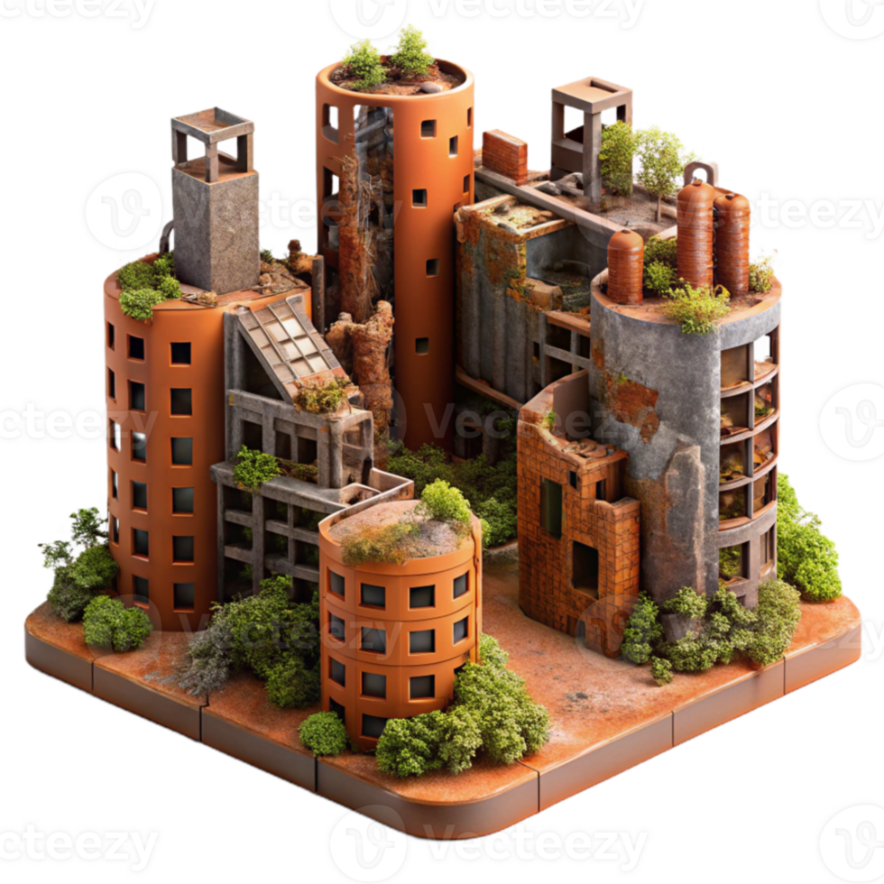 magnificent creative Post-apocalyptic cityscape, crumbling buildings, overgrown with vines, rusty metal structures, orange and brown color palette, desolate and eerie, original png