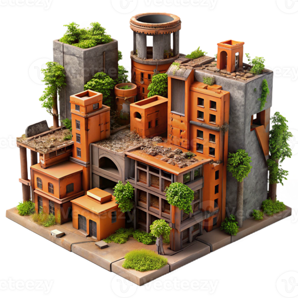 dramatic minimalist Post-apocalyptic cityscape, crumbling buildings, overgrown with vines, rusty metal structures, orange and brown color palette, desolate and eerie, high resolution png