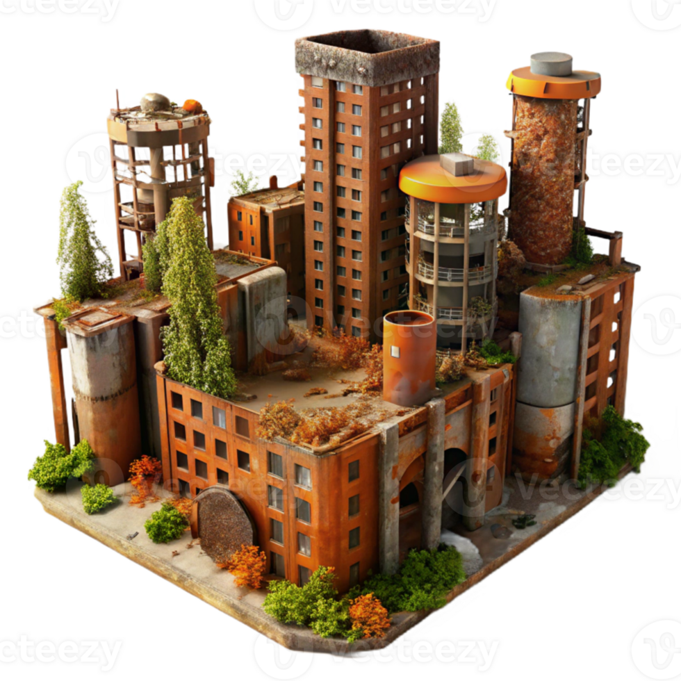 serene minimalist Post-apocalyptic cityscape, crumbling buildings, overgrown with vines, rusty metal structures, orange and brown color palette, desolate and eerie, exclusive png