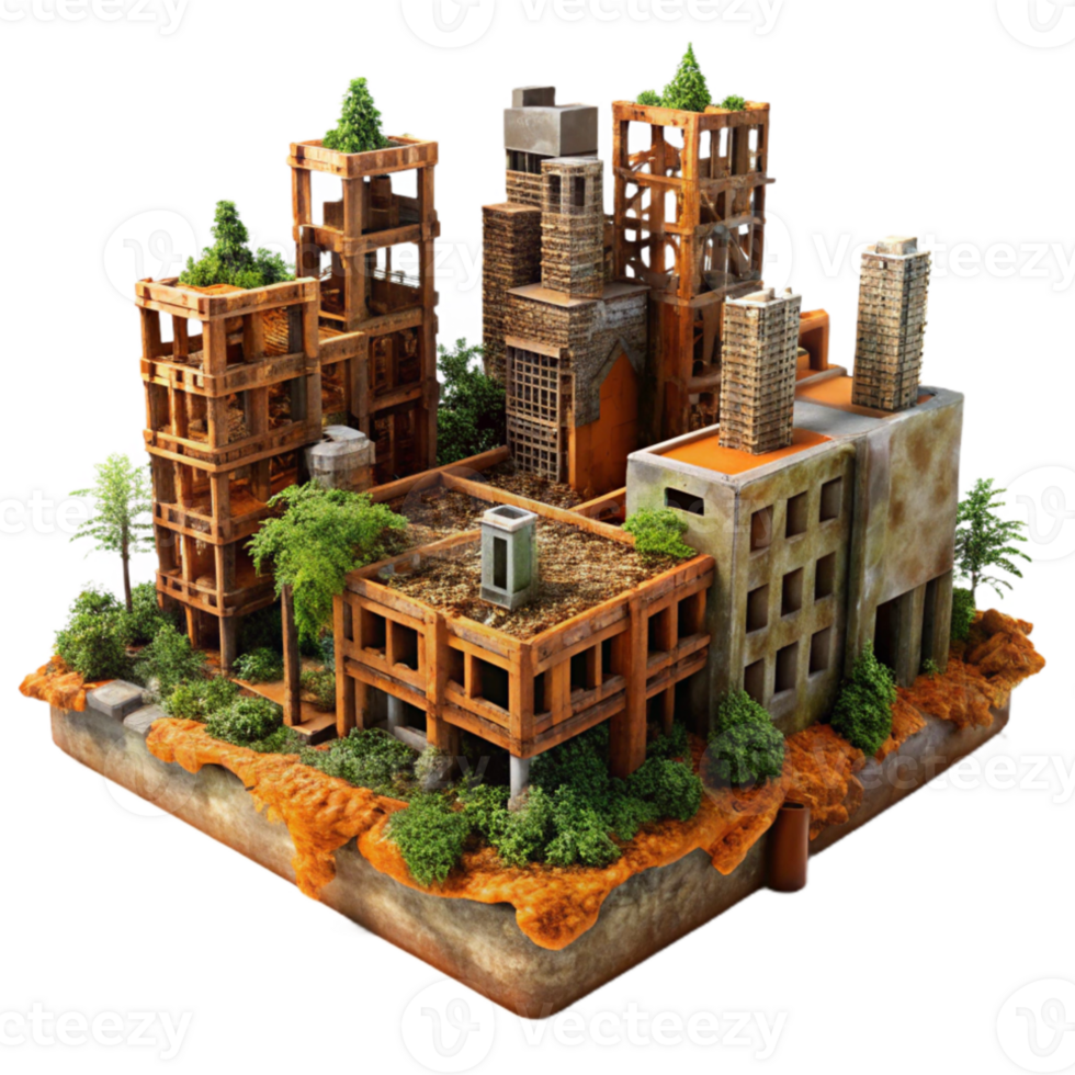 stunning artistic Post-apocalyptic cityscape, crumbling buildings, overgrown with vines, rusty metal structures, orange and brown color palette, desolate and eerie, genuine png