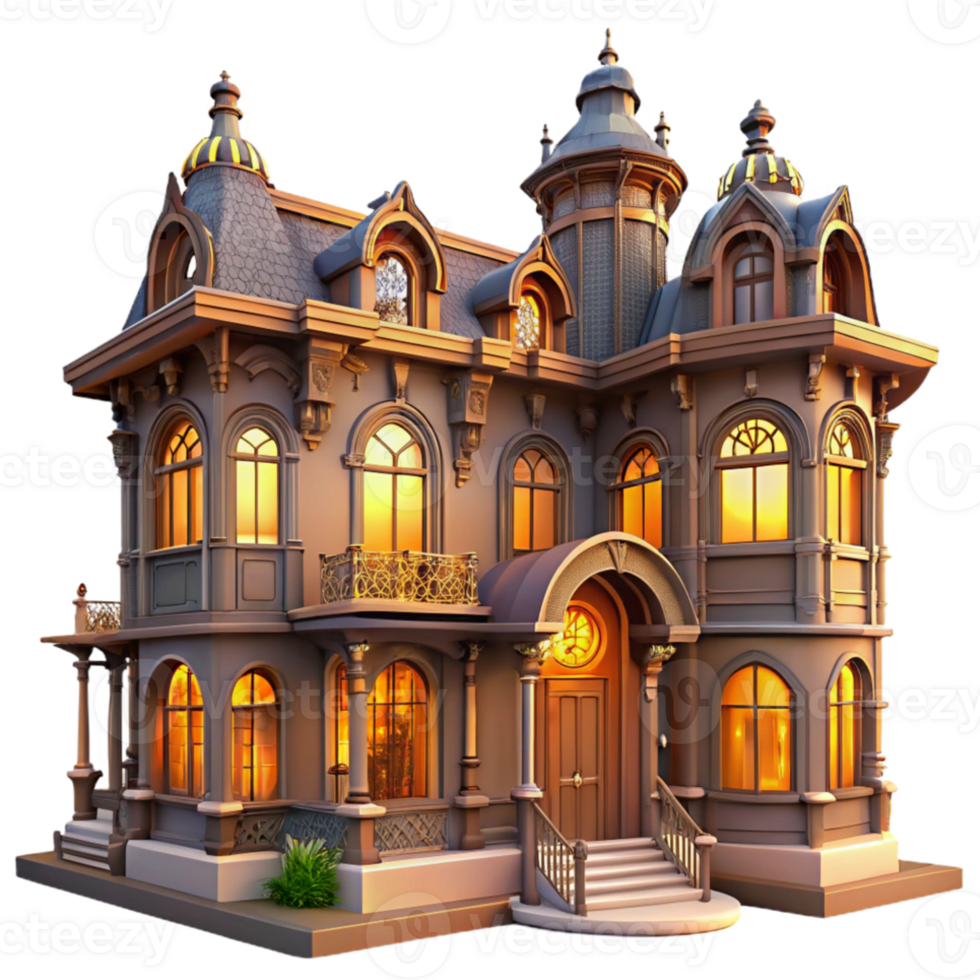 impressive modern Art Nouveau mansion, ornate facade, intricate ironwork, stained glass windows, warm evening light, elegant and romantic, high quality png