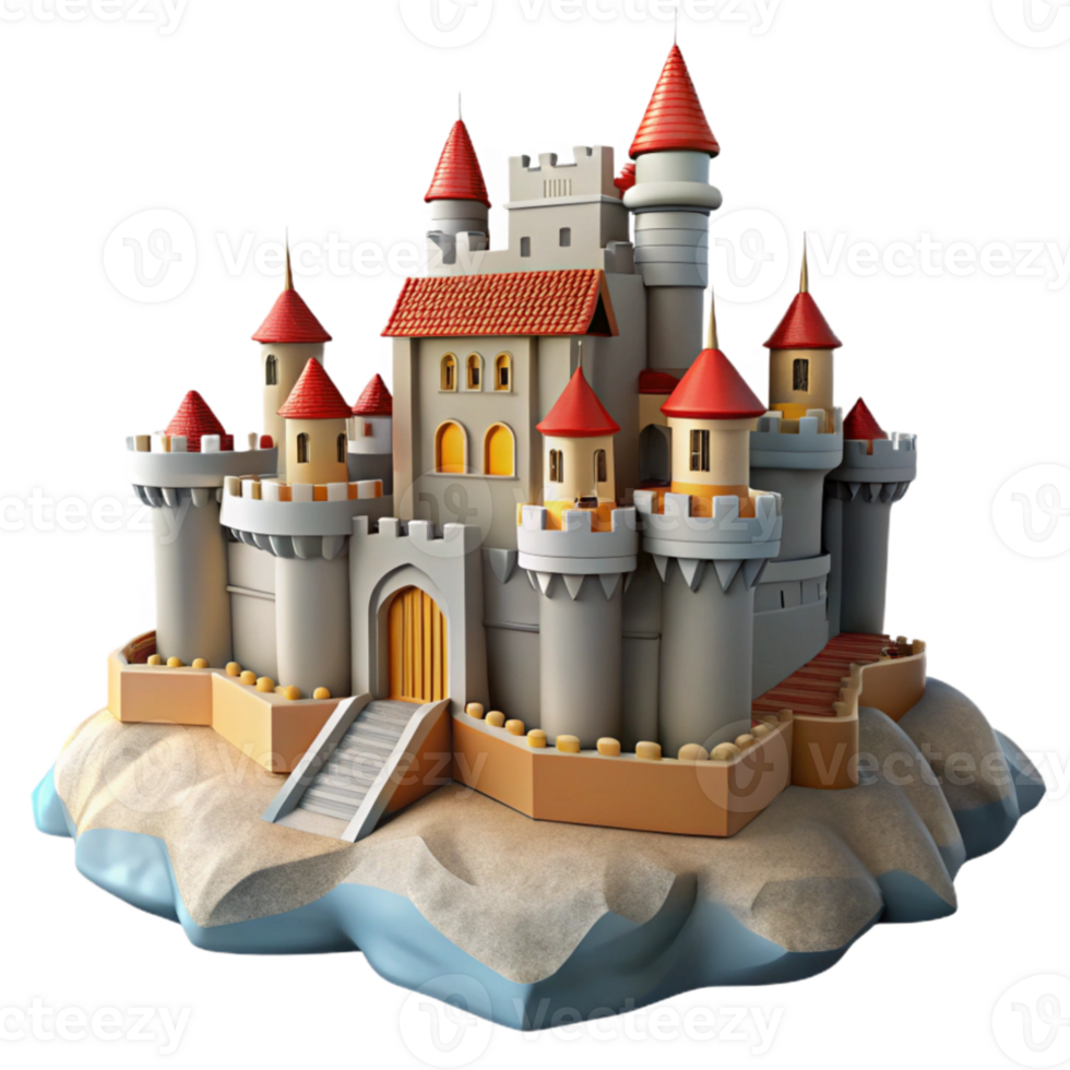 magnificent classic Medieval castle perched on a cliff, fortified walls, imposing towers, dramatic sky, epic and majestic, detailed png