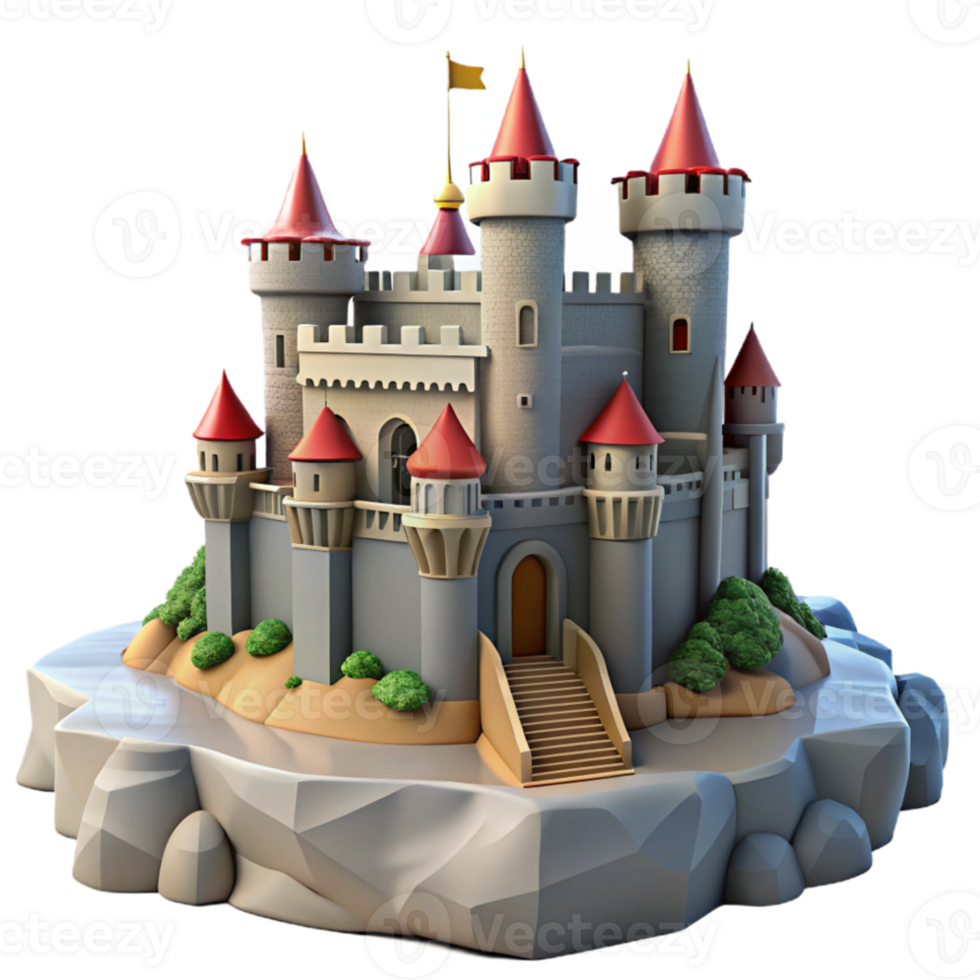 wonderful rustic Medieval castle perched on a cliff, fortified walls, imposing towers, dramatic sky, epic and majestic, premium png