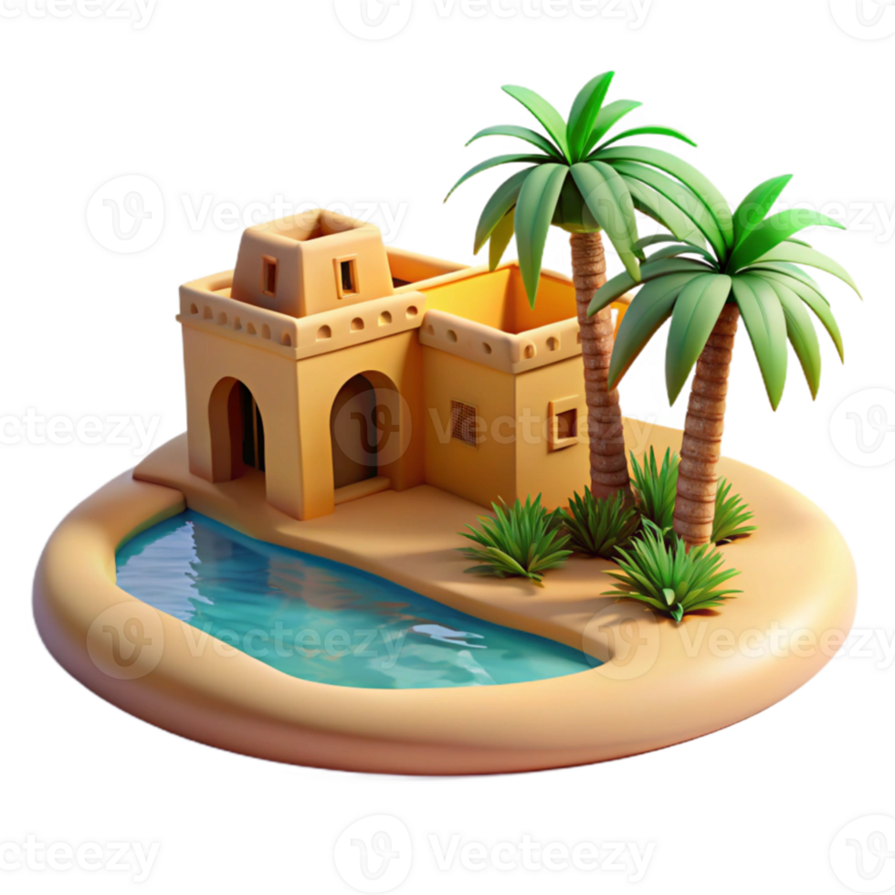 beautiful classic Desert oasis with traditional mud-brick architecture, palm trees, clear blue sky, bright sunlight, peaceful and tranquil, exclusive png