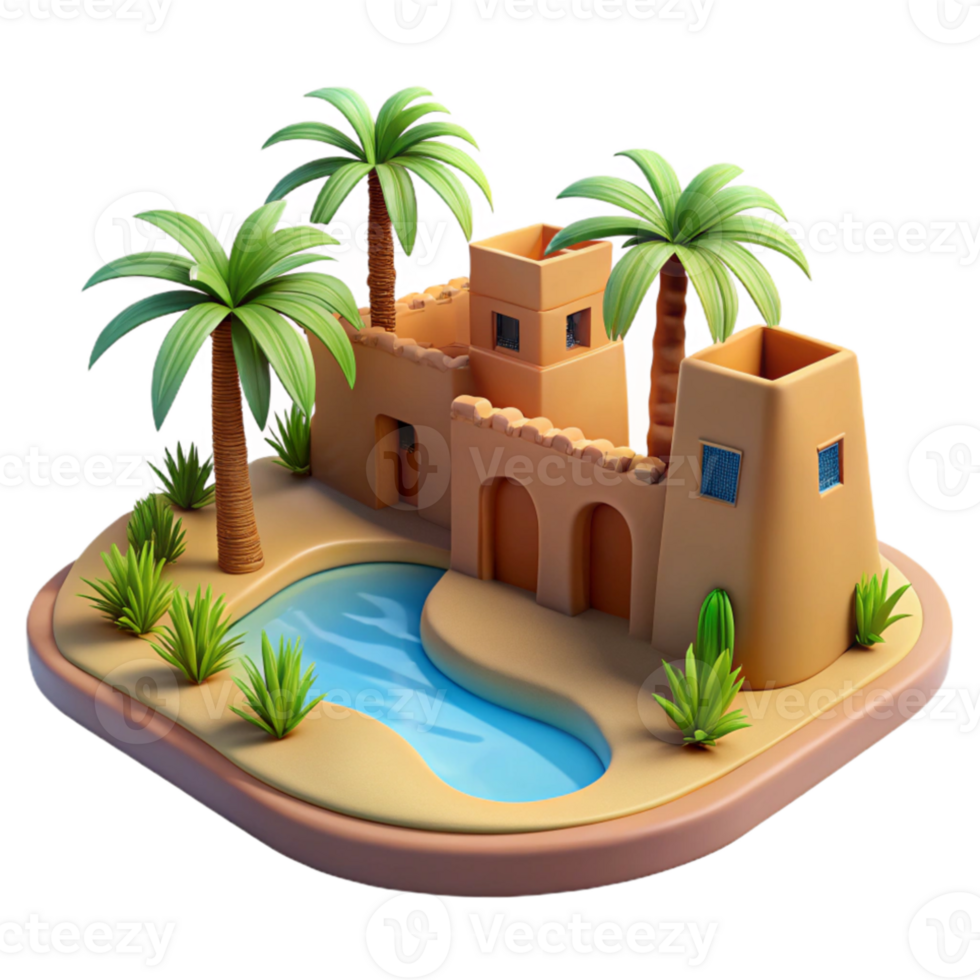 wonderful contemporary Desert oasis with traditional mud-brick architecture, palm trees, clear blue sky, bright sunlight, peaceful and tranquil, high quality png