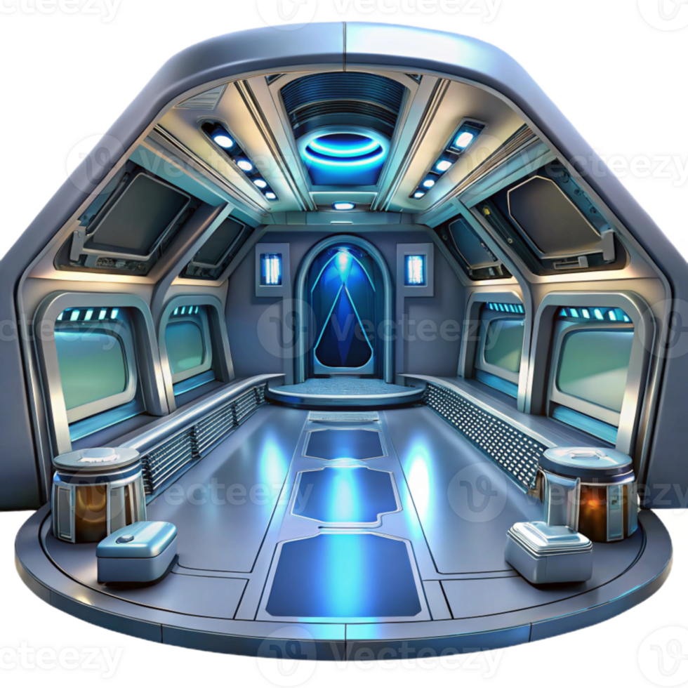 dramatic classic Futuristic spaceship interior, sleek metallic surfaces, glowing panels, panoramic views of space, high-tech and minimalist, authentic png