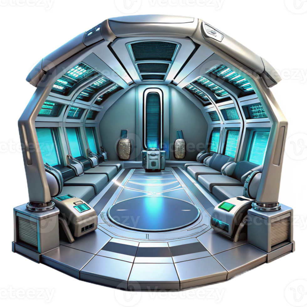 beautiful abstract Futuristic spaceship interior, sleek metallic surfaces, glowing panels, panoramic views of space, high-tech and minimalist, original png