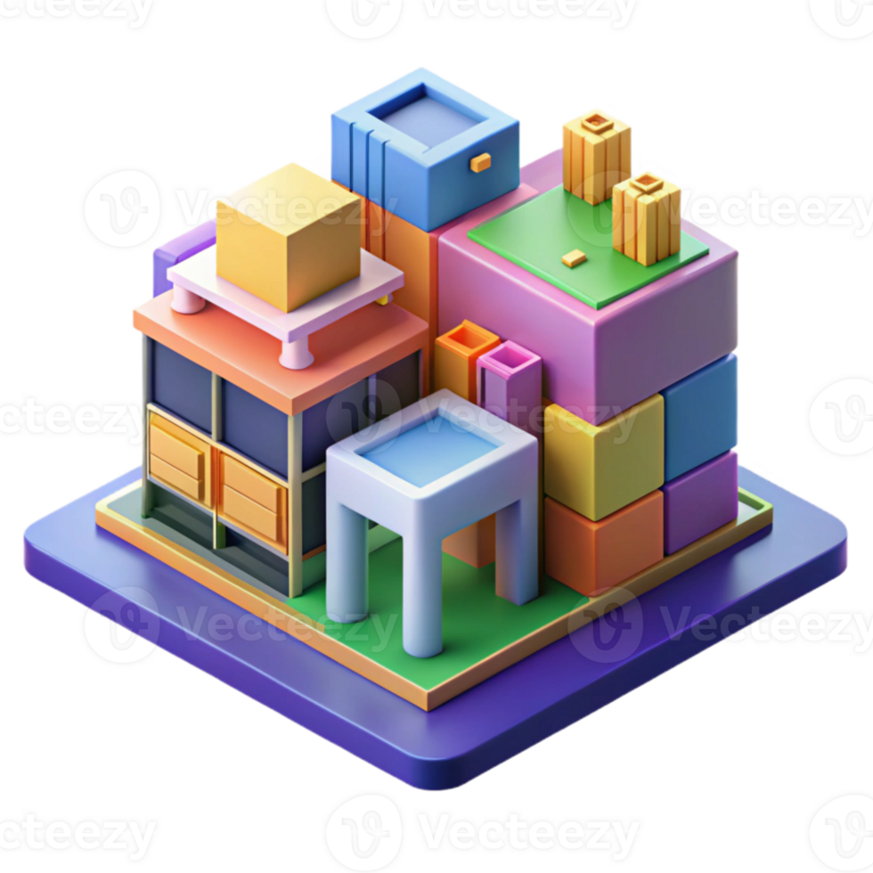 beautiful rustic Isometric projection of a complex modular building system, vibrant colors, abstract geometric shapes, playful and dynamic, architectural illustration, professional png