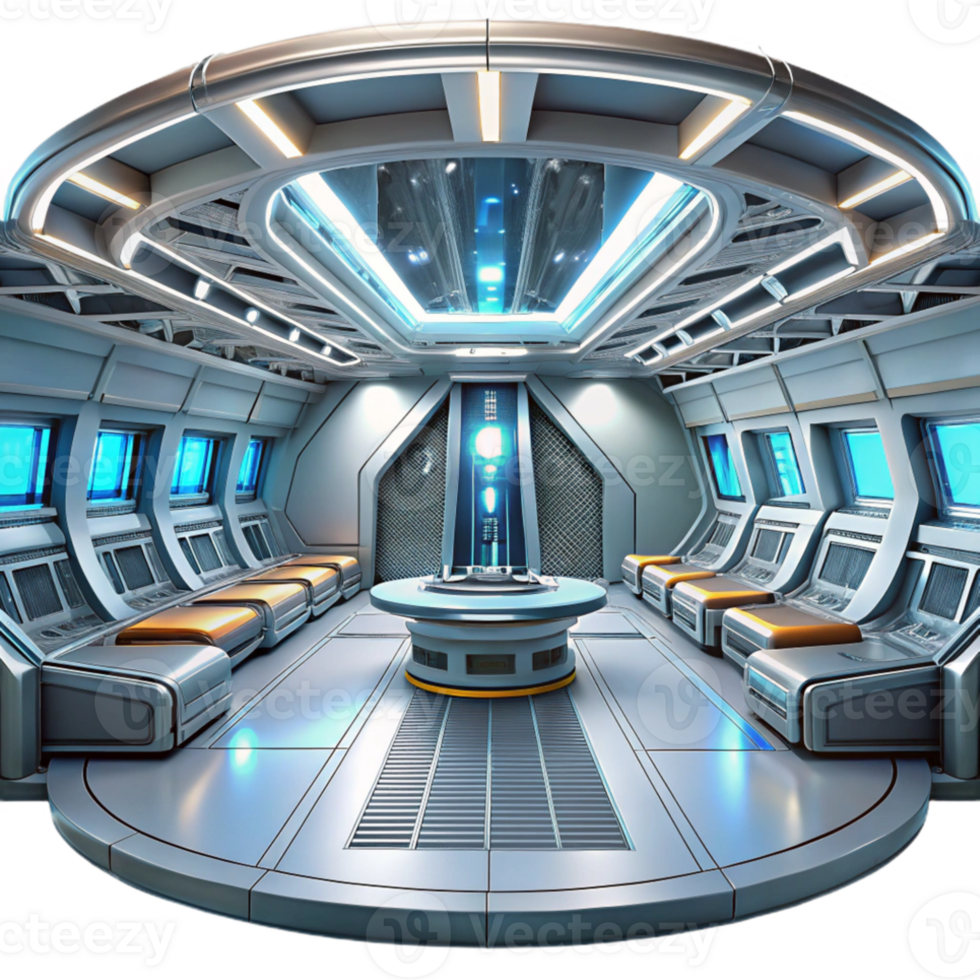 magnificent modern Futuristic spaceship interior, sleek metallic surfaces, glowing panels, panoramic views of space, high-tech and minimalist, exclusive png