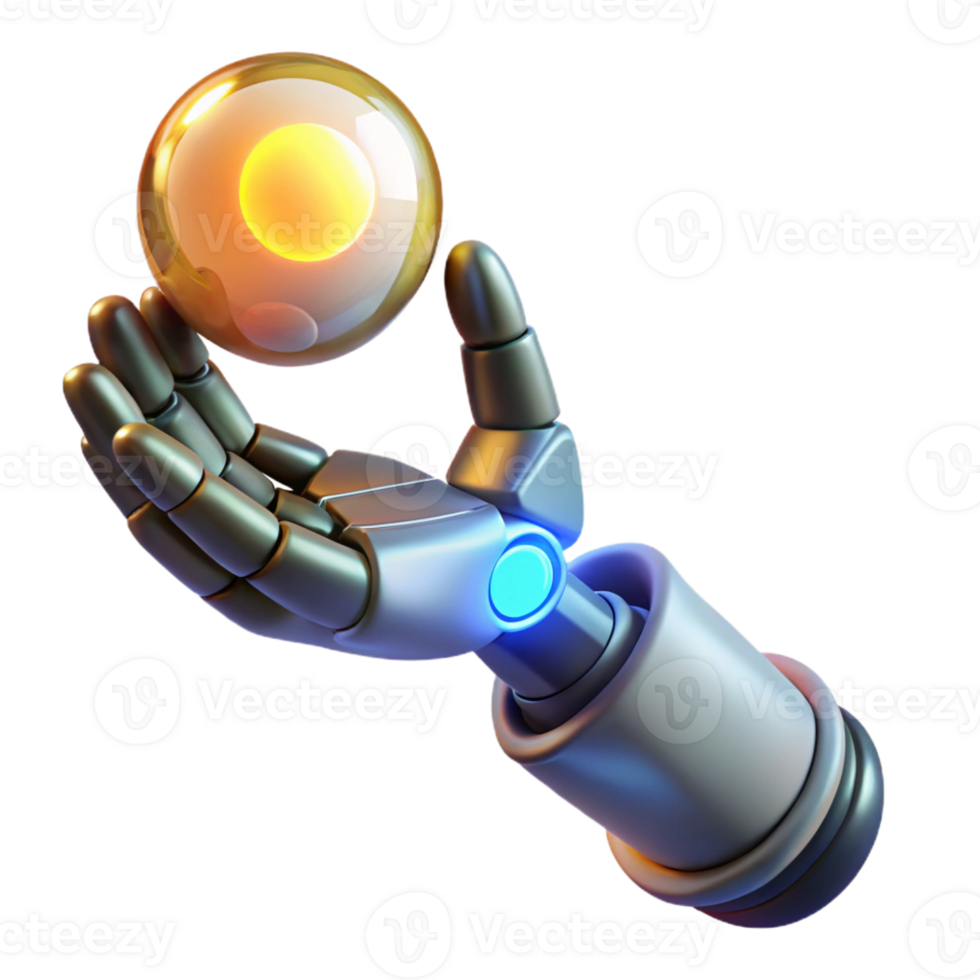 wonderful rustic A robotic hand reaching towards a glowing orb of energy, dynamic lighting, science fiction style premium png