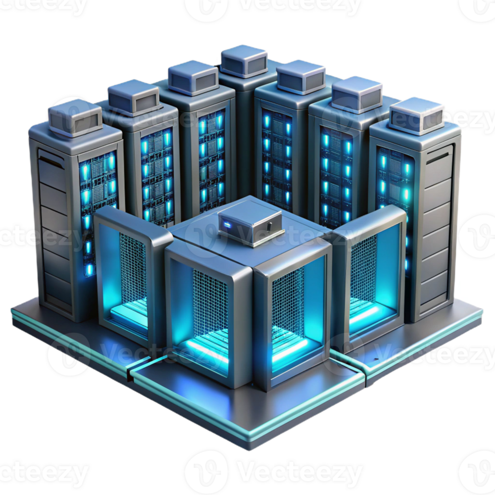 serene minimalist A futuristic server room with rows of glowing servers, dim lighting, industrial style detailed png