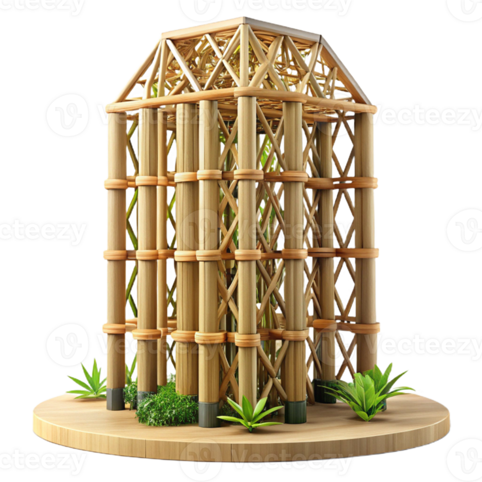 extraordinary vintage Bamboo skyscraper, sustainable and eco-friendly design, intricate lattice structure, natural light, serene and calming, premium png