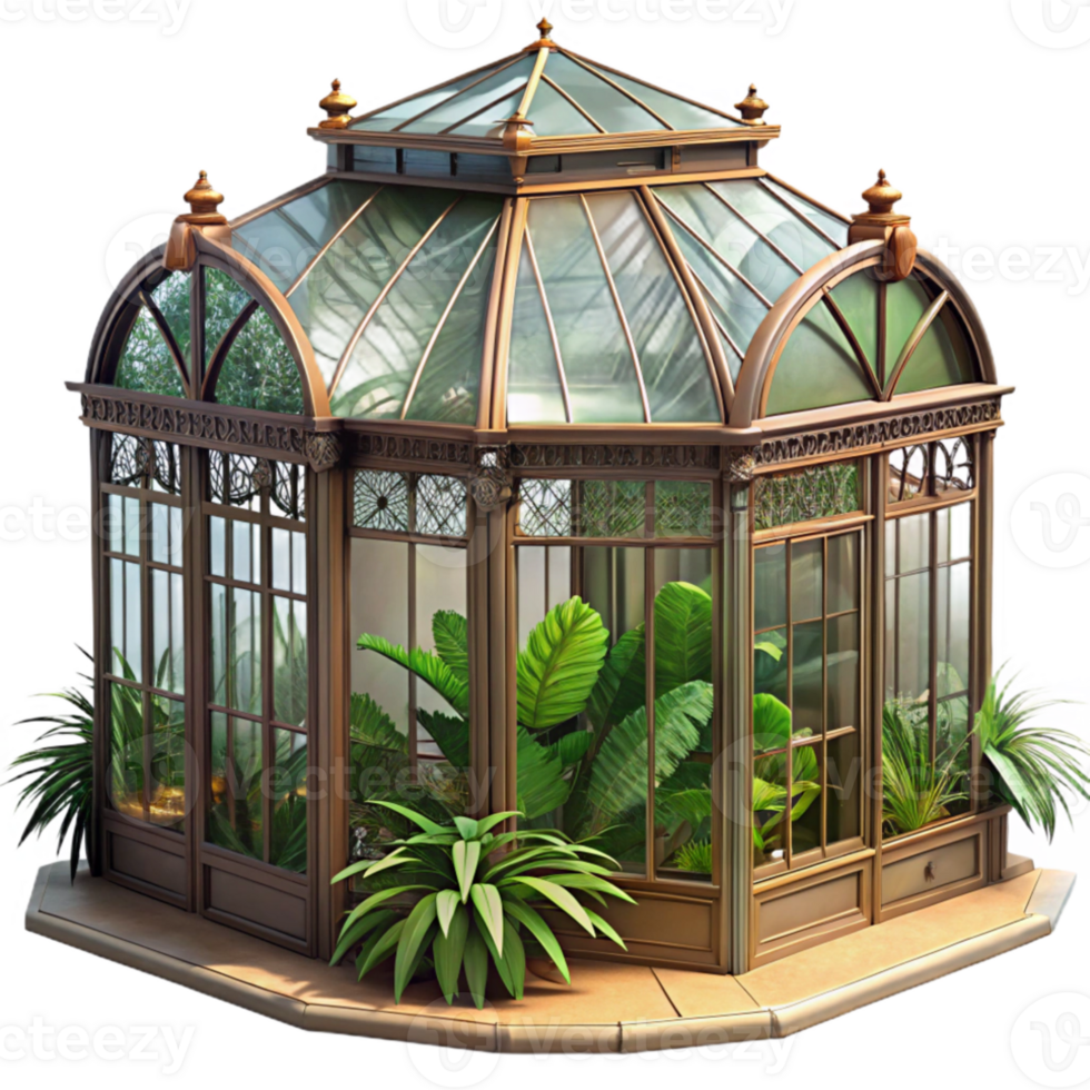 dramatic vintage Victorian greenhouse, ornate glass and iron structure, lush tropical plants, soft diffused light, elegant and botanical, high quality png