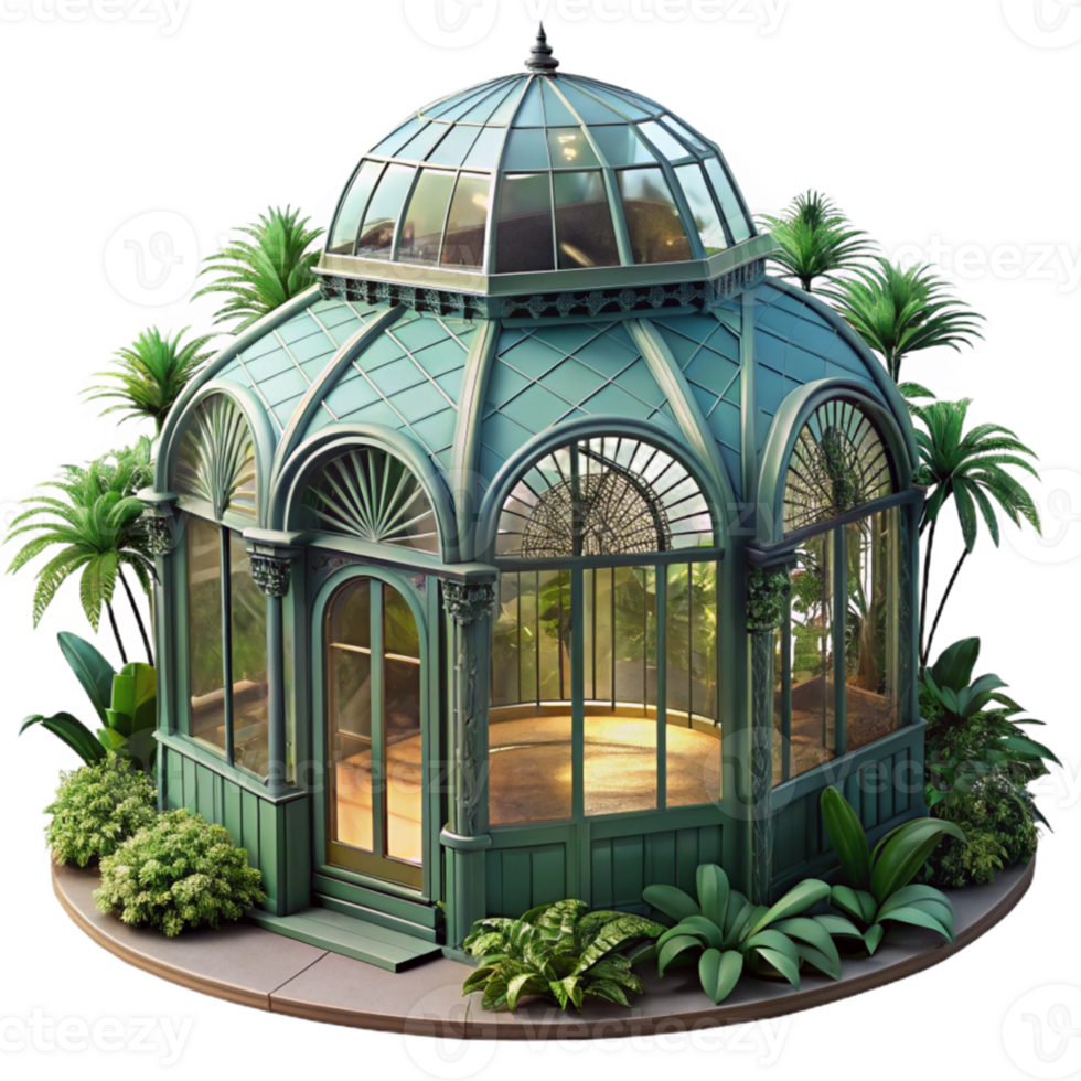 elegant creative Victorian greenhouse, ornate glass and iron structure, lush tropical plants, soft diffused light, elegant and botanical, professional png