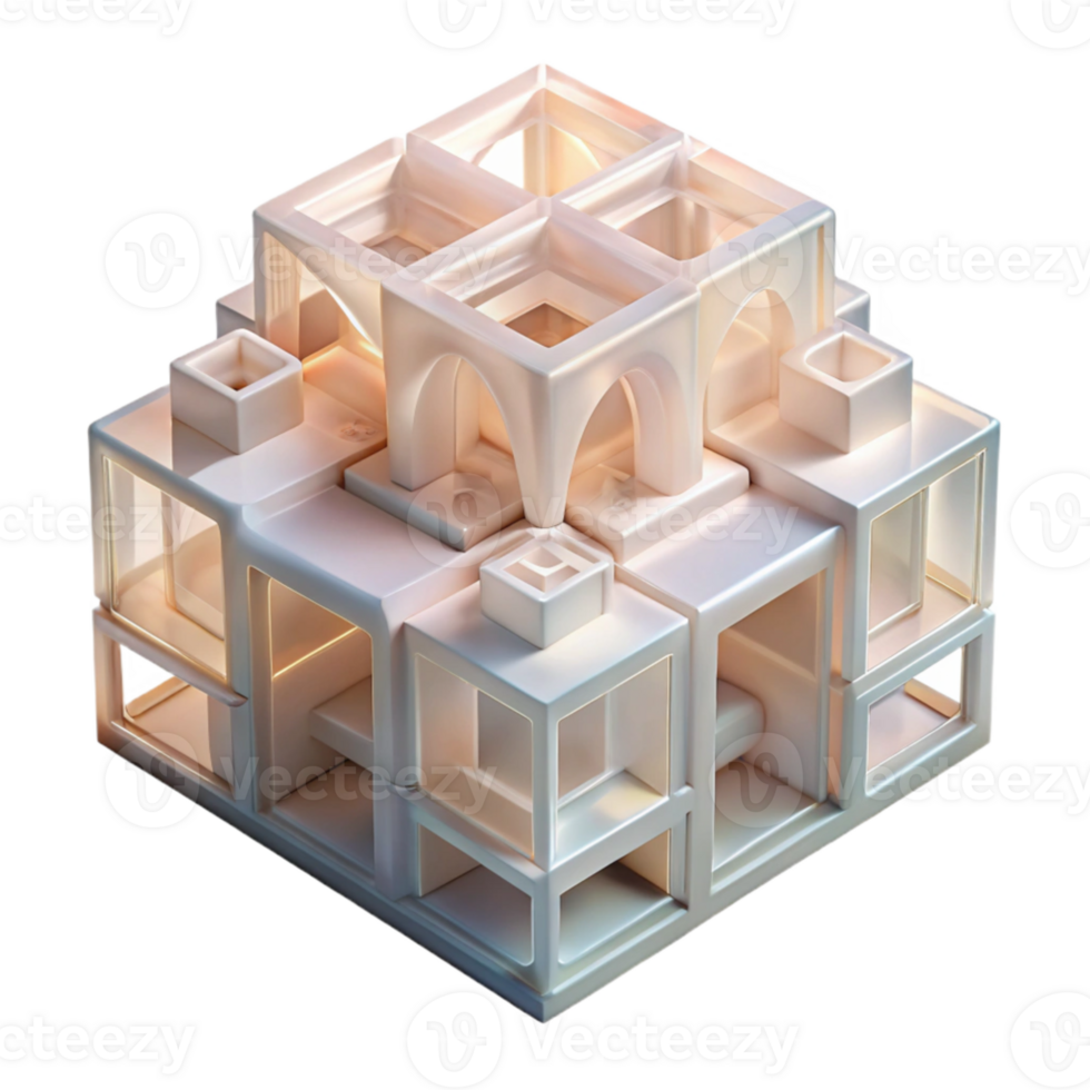 wonderful minimalist Conceptual architectural model made of translucent materials, intricate interlocking forms, soft ambient lighting, ethereal and abstract, 4K png